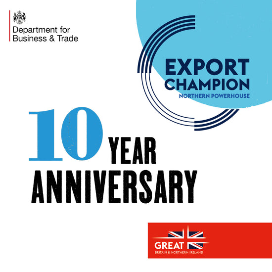 10 year anniversary export champion logo and Simon King being an export Champ for exporting. 